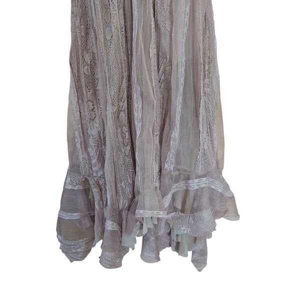 Boho Lace Ruffle Dress Beige Sheer V-Neck Sleeveless coquette elegant whimsical - Picture 3 of 7